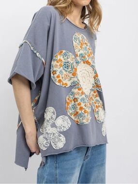 BlueVelvet Flower Patchwork Lace Applique OVERSIZED Boxy Top in Steel Blue Small